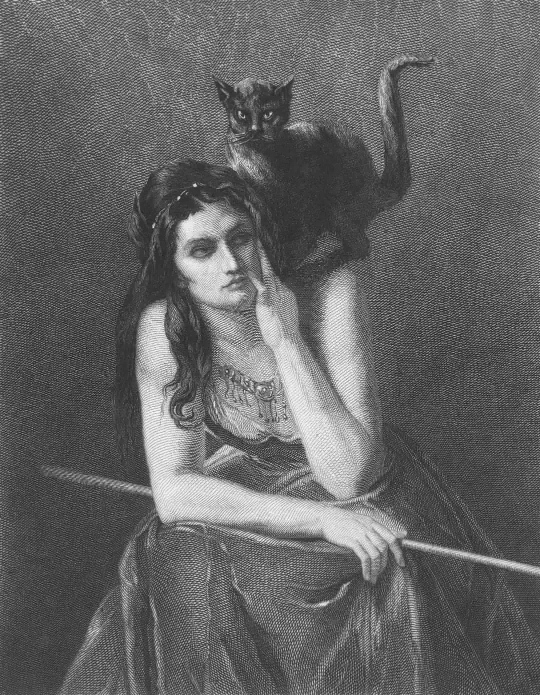 Engraving of a seated woman resting her chin on her hand, a black cat on her shoulder