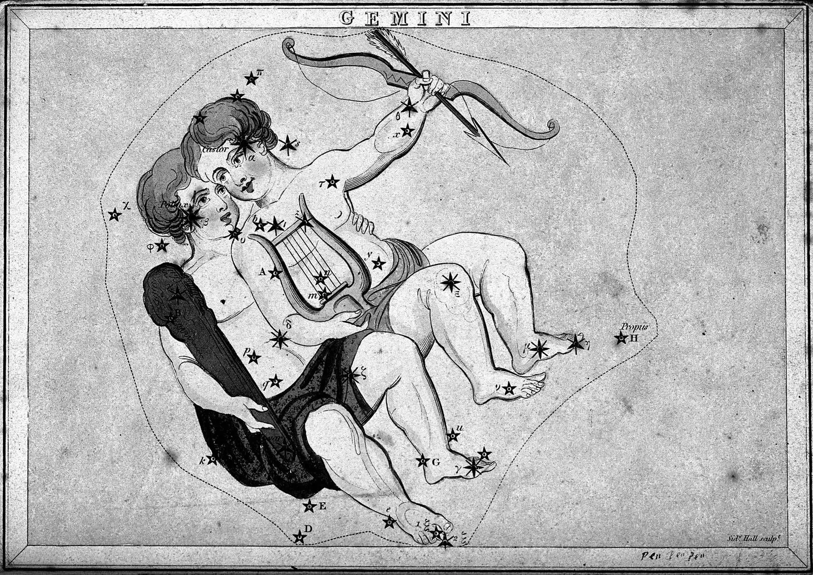 Engraving of the twins of Gemini among the stars